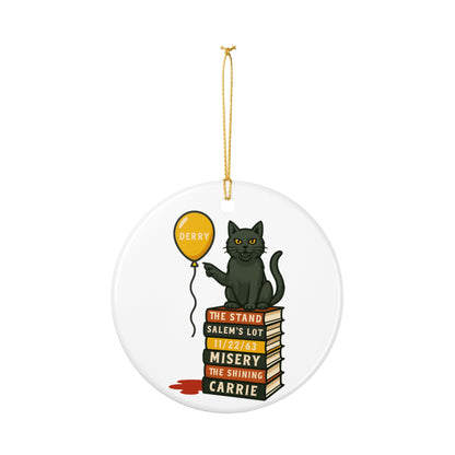 Horror Novel Stack Ceramic Ornament — Black Cat with 'Derry' Balloon