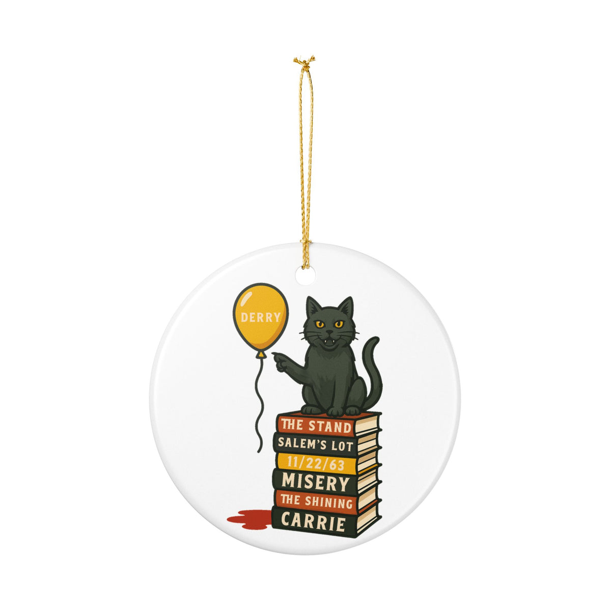 Horror Novel Stack Ceramic Ornament — Black Cat with 'Derry' Balloon